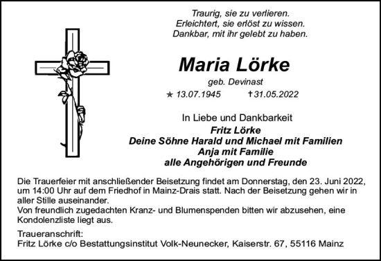 Traueranzeige von Maria Lörke von vrm-trauer AZ Mainz