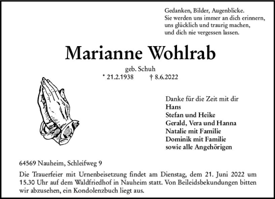 Traueranzeige von Marianne Wohlrab von vrm-trauer Rüsselsheimer Echo / MainSpitze
