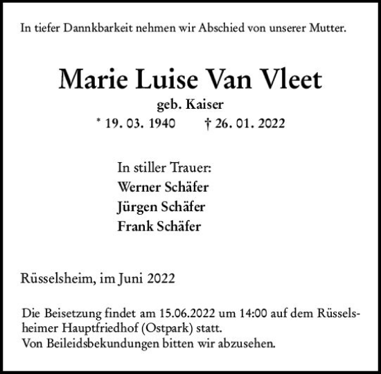 Traueranzeige von Marie Luise Van Vleet von vrm-trauer Rüsselsheimer Echo / MainSpitze
