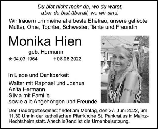 Traueranzeige von Monika Hien von vrm-trauer AZ Mainz