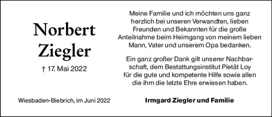 Traueranzeige von Norbert Ziegler von vrm-trauer Wiesbadener Kurier