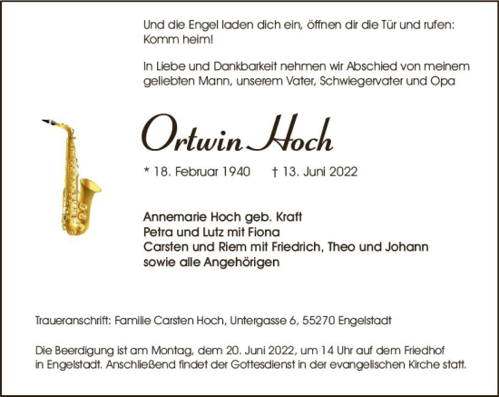 Traueranzeige von Ortwin Hoch von vrm-trauer Allgemeine  Zeitung Ingelheim-Bingen