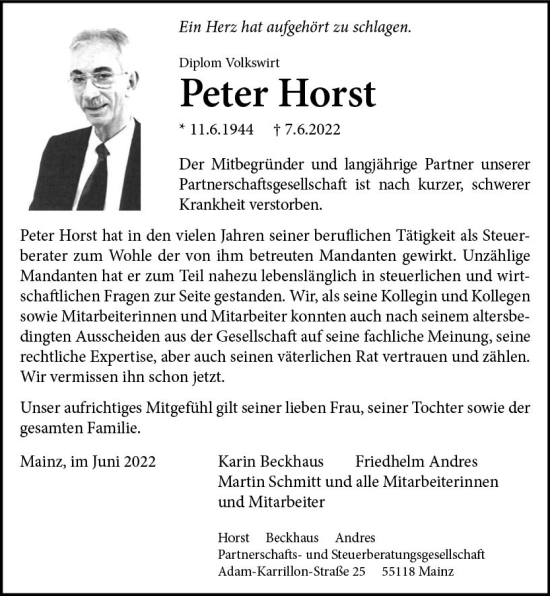 Traueranzeige von Peter Horst von vrm-trauer Allgemeine  Zeitung Ingelheim-Bingen