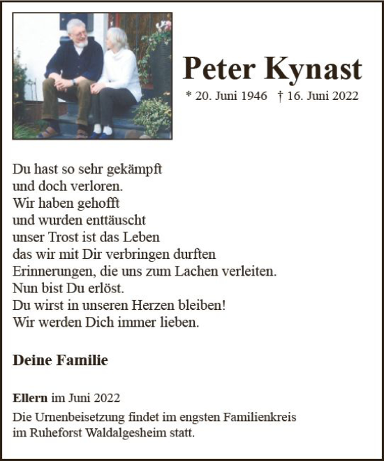 Traueranzeige von Peter Kynast von vrm-trauer Allg. Zeitung Bad Kreuznach