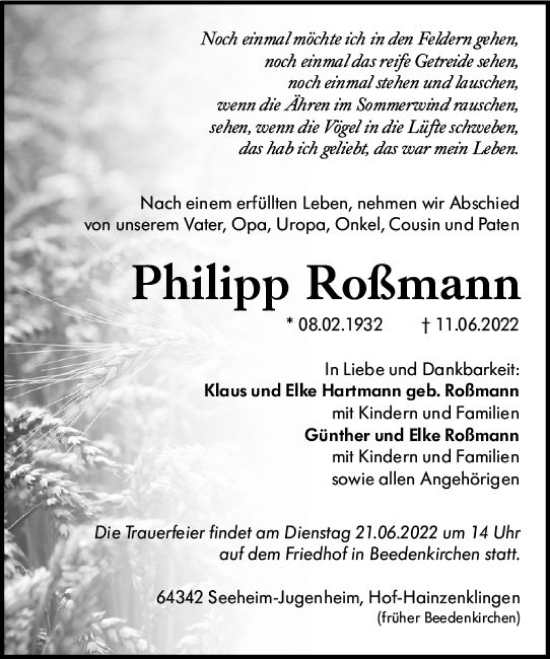 Traueranzeige von Philipp Roßmann von vrm-trauer Darmstädter Echo
