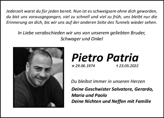 Traueranzeige von Pietro Patria von vrm-trauer AZ Mainz