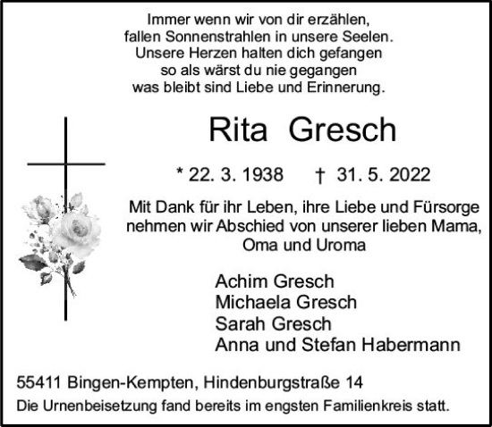 Traueranzeige von Rita Gresch von vrm-trauer Allgemeine  Zeitung Ingelheim-Bingen