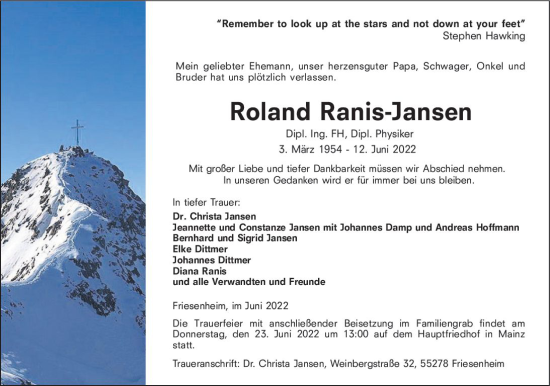 Traueranzeige von Roland Ranis-Jansen von vrm-trauer AZ Mainz