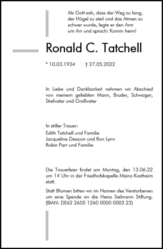 Traueranzeige von Ronald C. Tatchell von vrm-trauer AZ Mainz