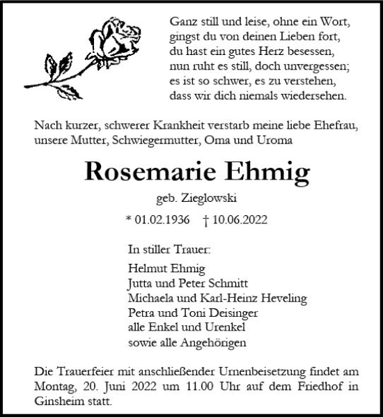 Traueranzeige von Rosemarie Ehmig von vrm-trauer AZ Mainz