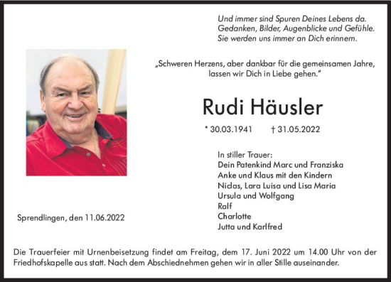 Traueranzeige von Rudi Häusler von vrm-trauer Allgemeine  Zeitung Ingelheim-Bingen
