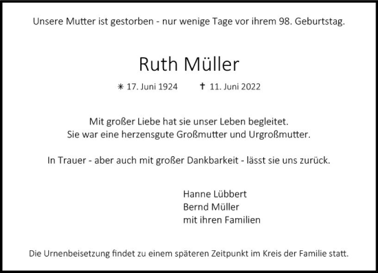 Traueranzeige von Ruth Müller von vrm-trauer AZ Mainz