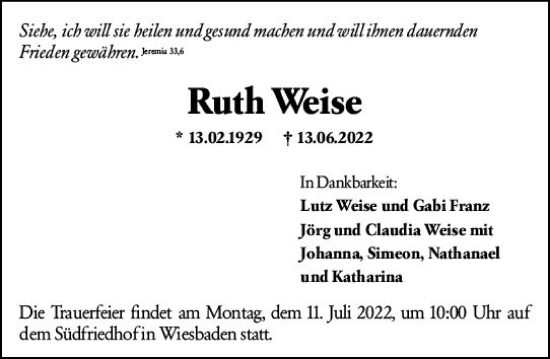 Traueranzeige von Ruth Weise von vrm-trauer Wiesbadener Kurier