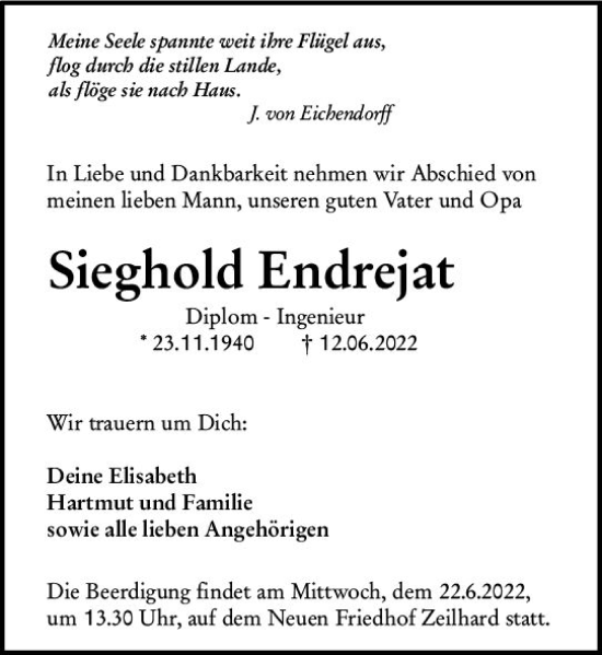 Traueranzeige von Sieghold Endrejat von vrm-trauer Darmstädter Echo
