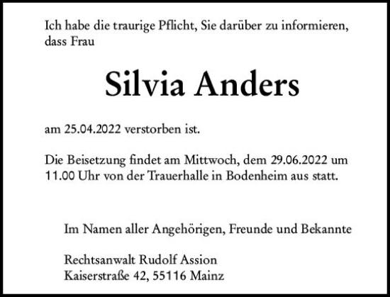 Traueranzeige von Silvia Anders von vrm-trauer AZ Mainz