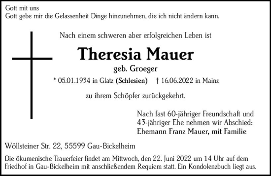 Traueranzeige von Theresia Mauer von vrm-trauer Allgemeine Zeitung Alzey
