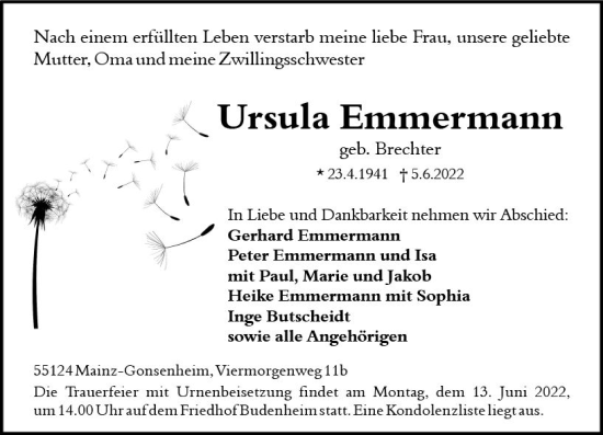 Traueranzeige von Ursula Emmermann von vrm-trauer AZ Mainz