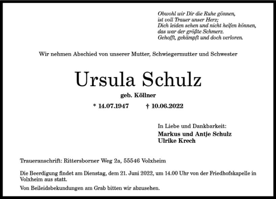 Traueranzeige von Ursula Schulz von vrm-trauer Allg. Zeitung Bad Kreuznach