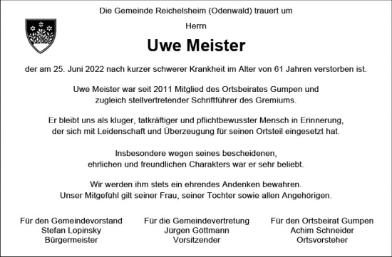 Traueranzeige von Uwe Meister von vrm-trauer Odenwälder Echo
