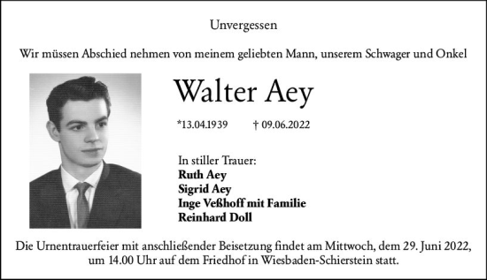 Traueranzeige von Walter Aey von vrm-trauer Wiesbadener Kurier