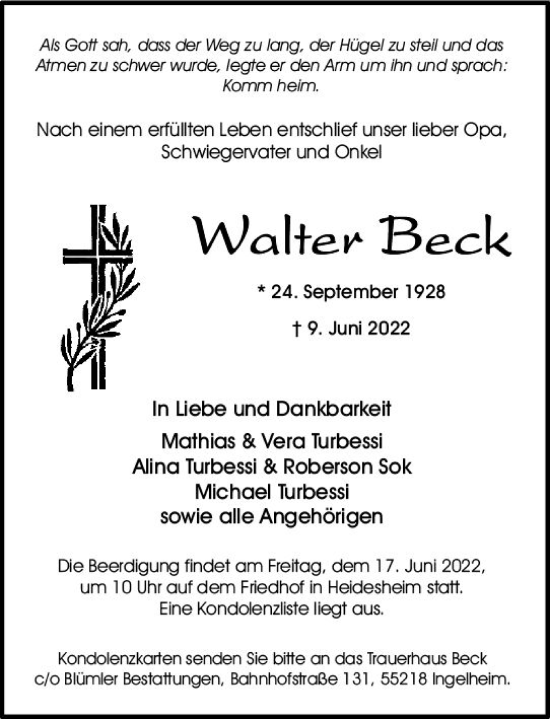 Traueranzeige von Walter Beck von vrm-trauer Allgemeine  Zeitung Ingelheim-Bingen