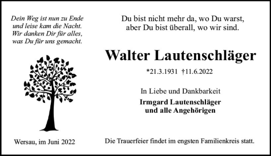 Traueranzeige von Walter Lautenschläger von vrm-trauer Odenwälder Echo
