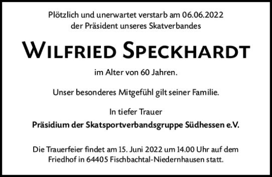 Traueranzeige von Wilfried Speckhardt von vrm-trauer Darmstädter Echo
