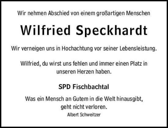 Traueranzeige von Wilfried Speckhardt von vrm-trauer Darmstädter Echo