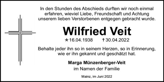 Traueranzeige von Wilfried Veit von vrm-trauer AZ Mainz