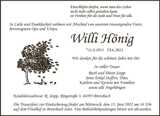 Traueranzeige von Willi Hönig von vrm-trauer Odenwälder Echo