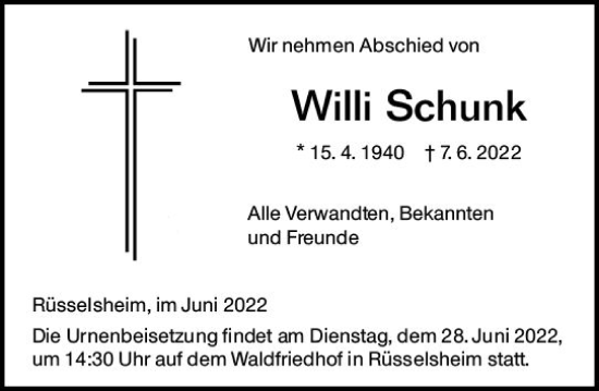 Traueranzeige von Willi Schunk von vrm-trauer Rüsselsheimer Echo / MainSpitze