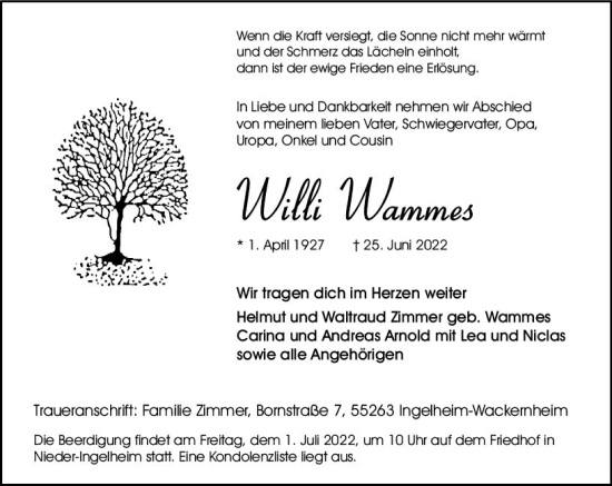 Traueranzeige von Willi Wammes von vrm-trauer Allgemeine  Zeitung Ingelheim-Bingen