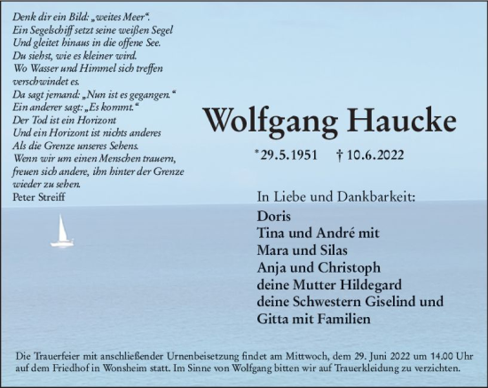 Traueranzeige von Wolfgang Haucke von vrm-trauer Allgemeine Zeitung Alzey