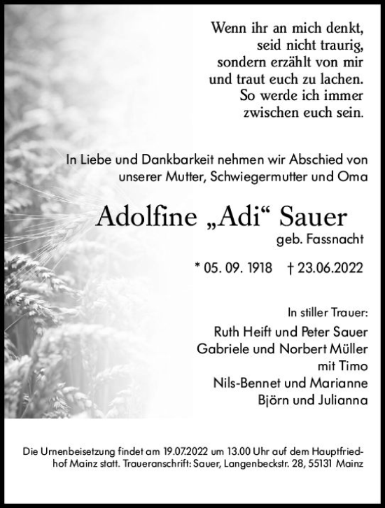 Traueranzeige von Adolfine Sauer von vrm-trauer AZ Mainz