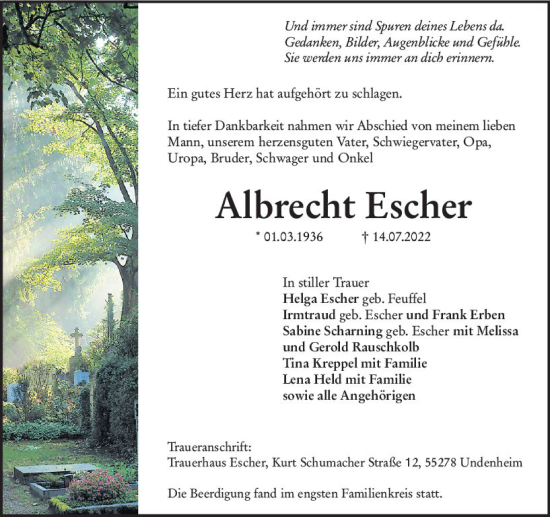 Traueranzeige von Albrecht Escher von vrm-trauer AZ Mainz