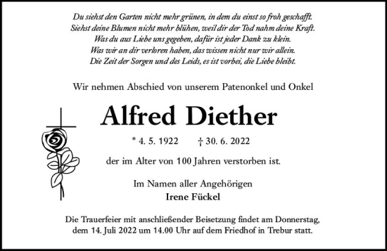 Traueranzeige von Alfred Diether von vrm-trauer Groß-Gerauer Echo