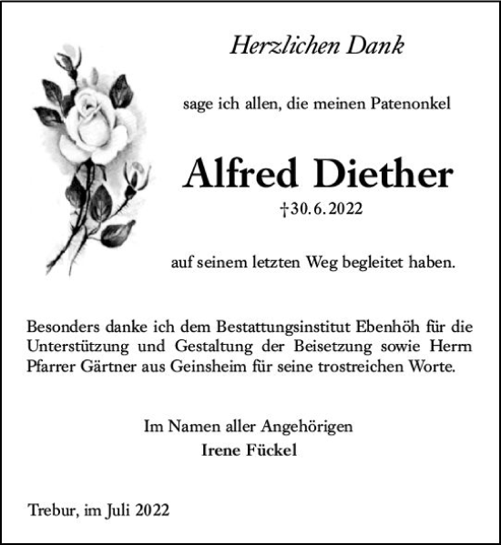 Traueranzeige von Alfred Diether von vrm-trauer Groß-Gerauer Echo