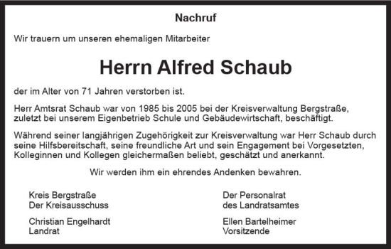 Traueranzeige von Alfred Schaub von vrm-trauer Bürstädter/Lamperth. Ztg/Starkenburger