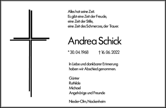 Traueranzeige von Andrea Schick von vrm-trauer AZ Mainz
