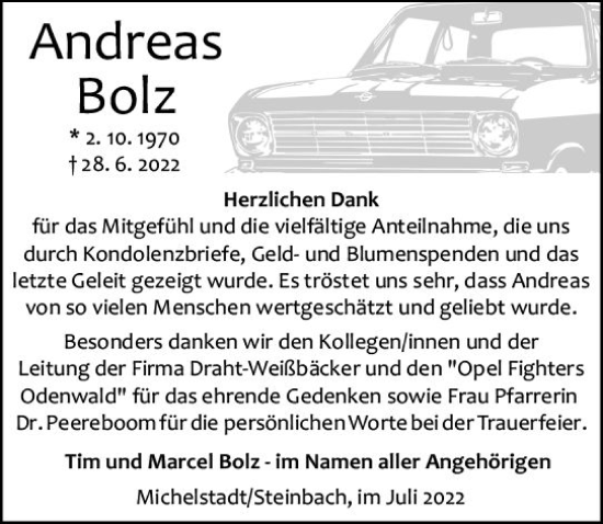 Traueranzeige von Andreas Bolz von vrm-trauer Odenwälder Echo