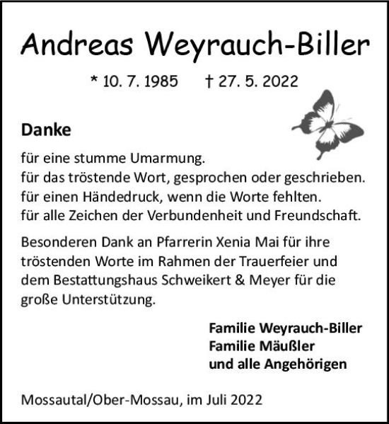 Traueranzeige von Andreas Weyrauch-Biller von vrm-trauer Odenwälder Echo