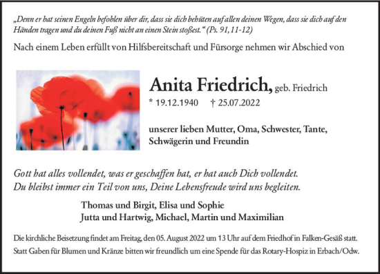 Traueranzeige von Anita Friedrich von vrm-trauer Odenwälder Echo
