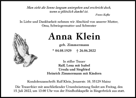 Traueranzeige von Anna Klein von vrm-trauer Allgemeine  Zeitung Ingelheim-Bingen