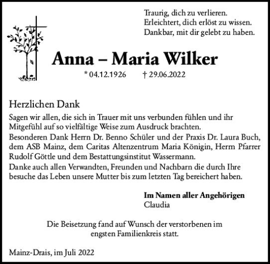 Traueranzeige von Anna-Maria Wilker von vrm-trauer AZ Mainz