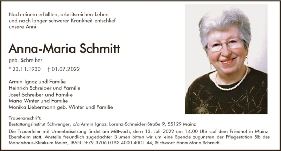 Traueranzeige von Anna Maria Schmitt von vrm-trauer AZ Mainz