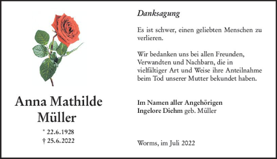 Traueranzeige von Anna Mathilde Müller von vrm-trauer Wormser Zeitung