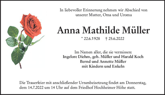 Traueranzeige von Anna Mathilde Müller von vrm-trauer Wormser Zeitung