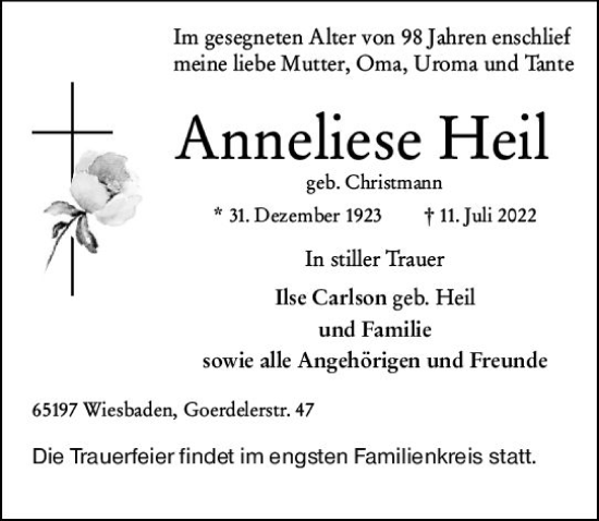 Traueranzeige von Anneliese Heil von vrm-trauer Wiesbadener Kurier