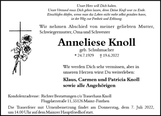 Traueranzeige von Anneliese Knoll von vrm-trauer AZ Mainz