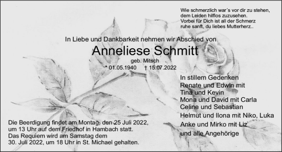 Traueranzeige von Anneliese Schmitt von vrm-trauer Bürstädter/Lamperth. Ztg/Starkenburger